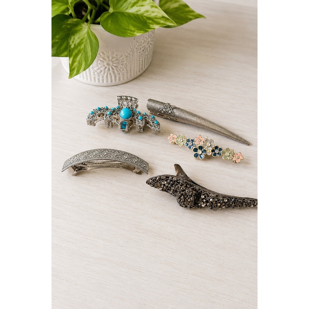Vintage Style Embellished Hair Clips Barrettes Rhinestone Floral Turquoise Y2K